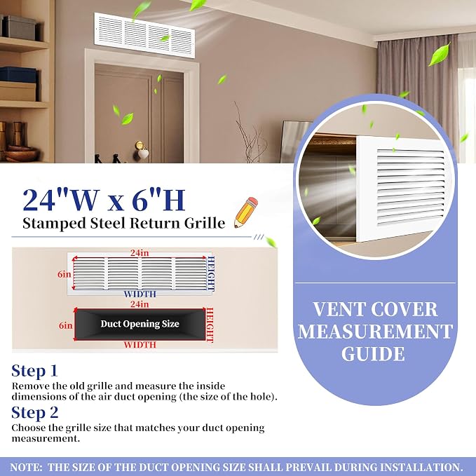 Fancat 24x6 Steel Return Air Grille, HVAC Vent Cover, 0.7cm Overall Depth - Image 2
