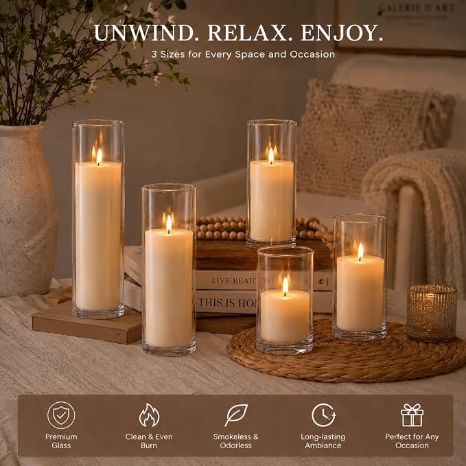 24 PCS Ivory White Pillar Candles and Glass Cylinder Vases Hurricane Glass - Image 2