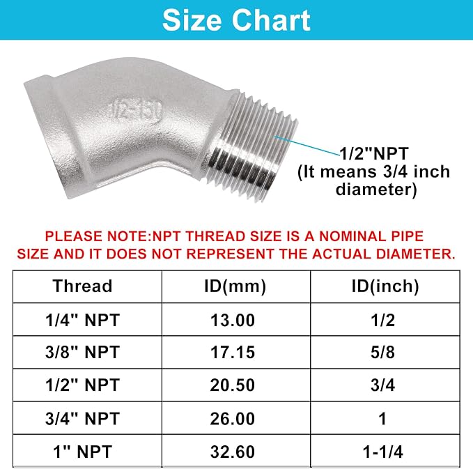 2PCS 45 Degree Elbow Fittings, 1/2" NPT Male Pipe to 1/2" NPT Female 304 - Image 2