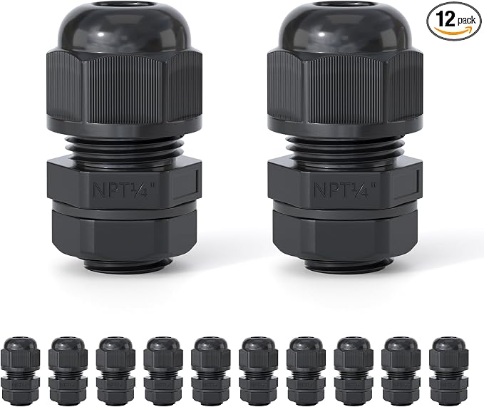 12 Pcs 1/4" NPT Cable Glands, IP68 Waterproof Nylon PA66 | Strain Relief Cord by EBILNVKE