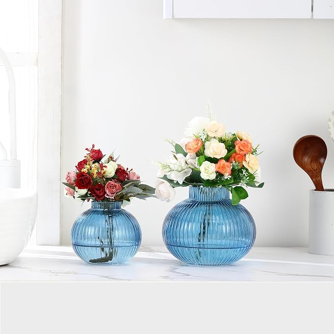 Blue Glass Vases for Tulips, Flower Vases for Bouquet, Ribbed Glass Vase for - Image 3