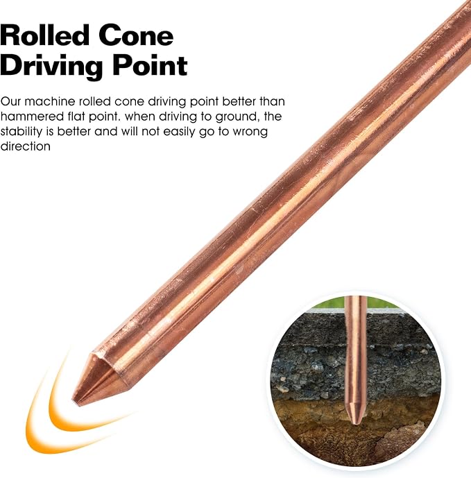 4 Foot Copper Grounding Rod, 3/8" Dia. Bonded Copper Ground Rod Equipped - Image 3