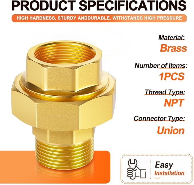 GASHER 2PCS 1-1/4" NPT Brass Union Pipe Fitting | 1-1/4 Inch Male x 1-1/4 Inch - Image 2