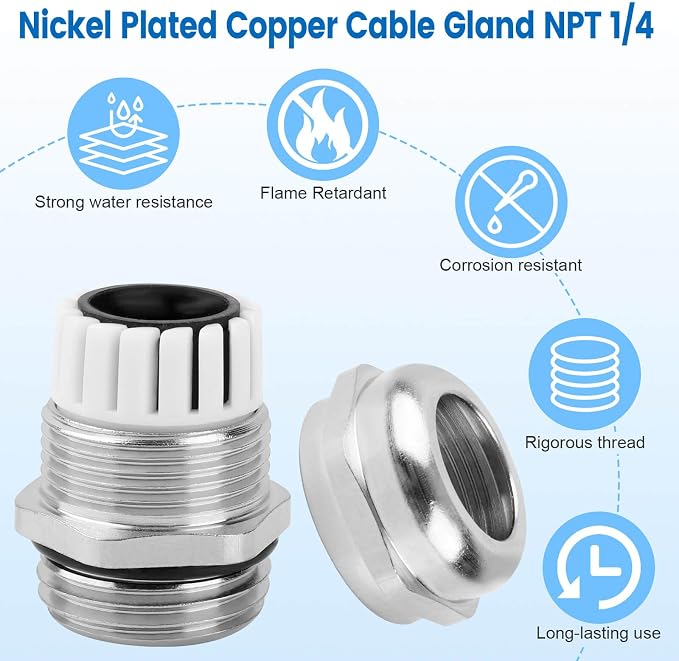 4 Pcs 1/4" NPT Nickel-Plated Copper Cable Gland | IP68 Waterproof, Metal Strain - Image 4