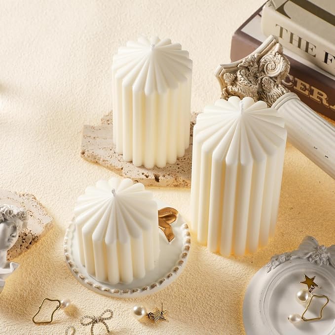 Conelist Set of 3 White Ribbed Pillar Candles Soy Wax Scented Ribbed Candle | - Image 3