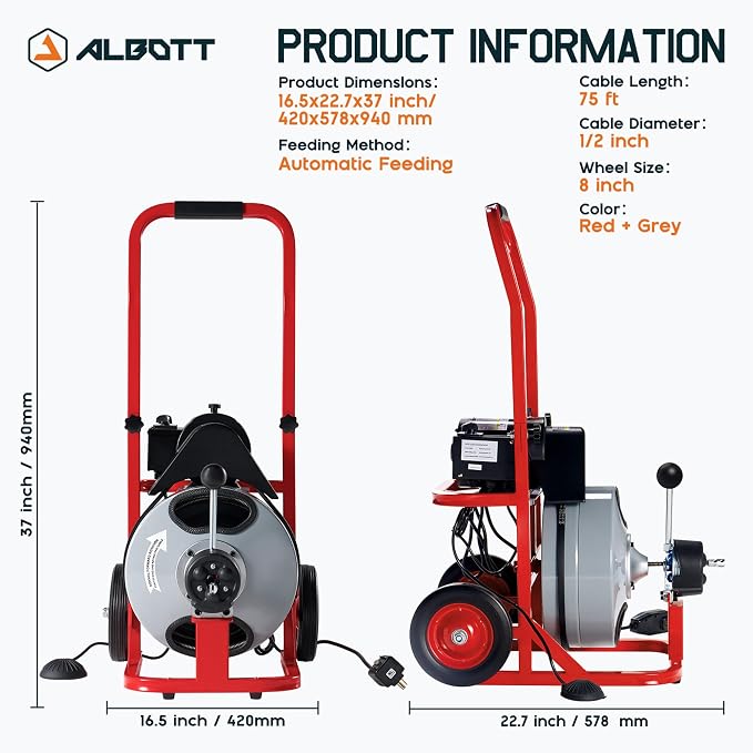 Albott 75 FT x 1/2 Inch Electric Drain Cleaner Machine | Auto-Feed Sewer Snake - Image 2