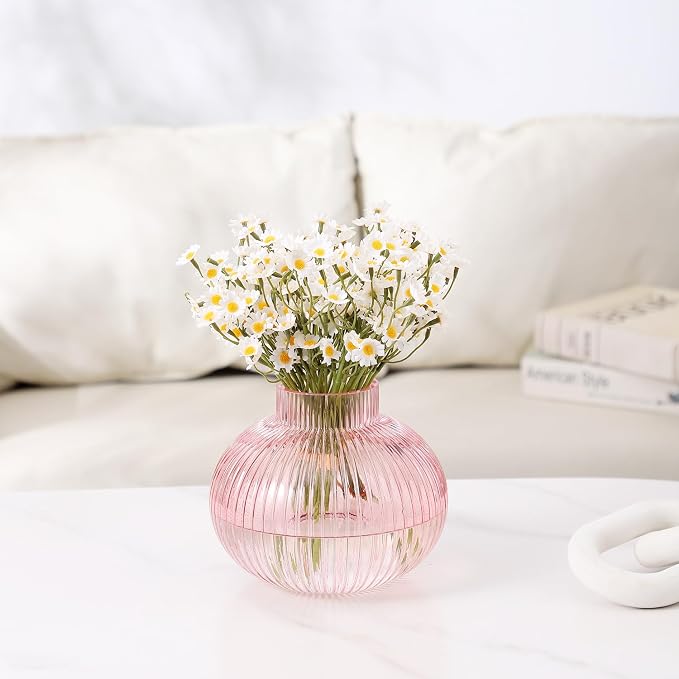 Pink Glass Vase for Tulips, Ribbed Glass Vase for Flowers, Round Flower Vases - Image 3