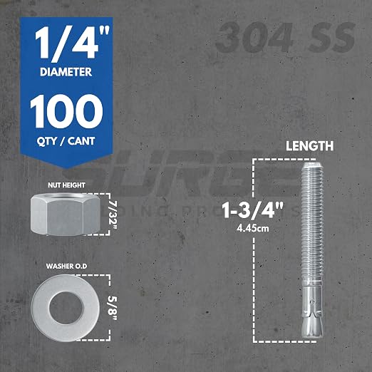 1/4" X 1-3/4" 304 Stainless Steel Wedge Anchors - Image 3