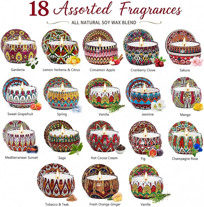 Scented Candles Gift Set, 18 Pack Soy Wax Blend Candles, 70 g Decorative Metal - Image 3