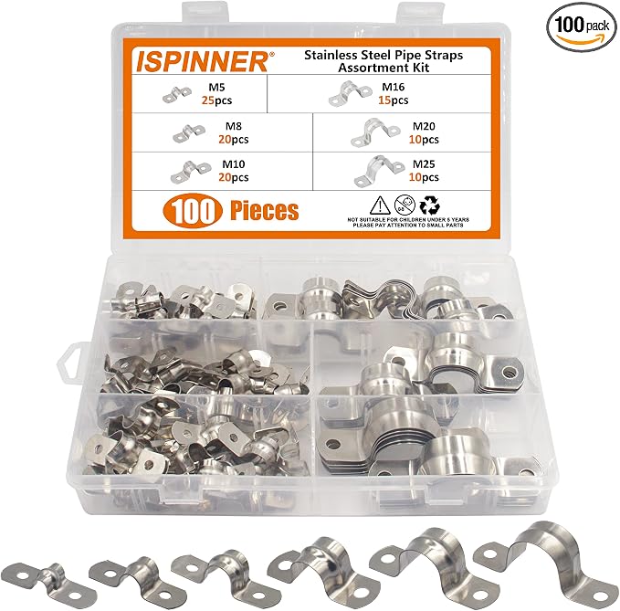 ISPINNER 100pcs Stainless Steel Rigid Pipe Strap Assortment Kit, 2 Holes Cable by ISPINNER