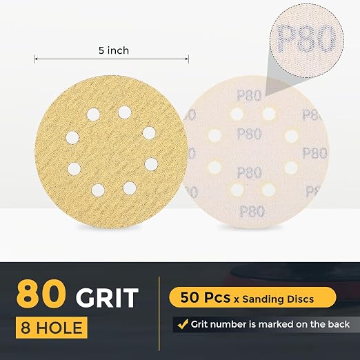 HARFINGTON 50Pcs 5Inch Sanding Discs 80Grit Yellow Aluminum Oxide 8 Hole | Hook - Image 2