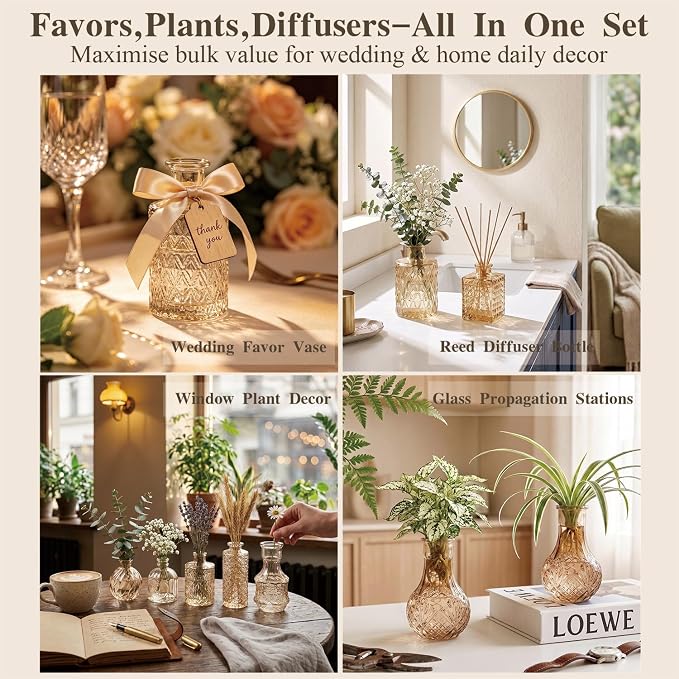 Clear Amber Gold Glass Bud Vase Set of 14 Pcs, Small Bud Vases in Bulk - Image 3