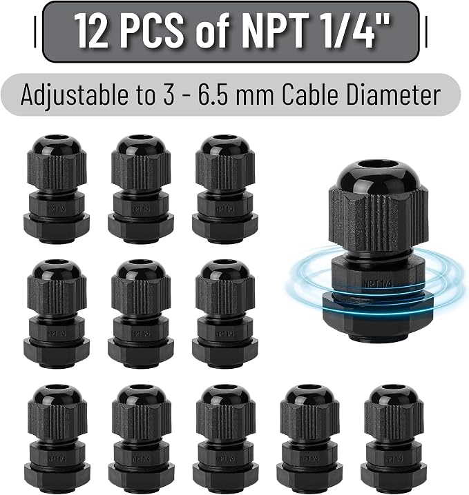 Bates- Cable Gland, 12 Pack, 1/4 NPT, Nylon Strain Relief Cord Connector - Image 2