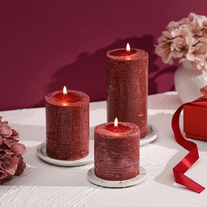 3x4 Inch Burgundy Pillar Candles Set of 3 - Image 4