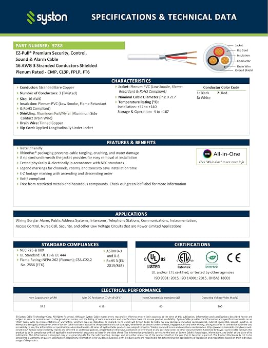 Syston 16/3 Fire Alarm Control Cable, Stranded Copper, CMP Shielded, 20 FT | 16 - Image 2