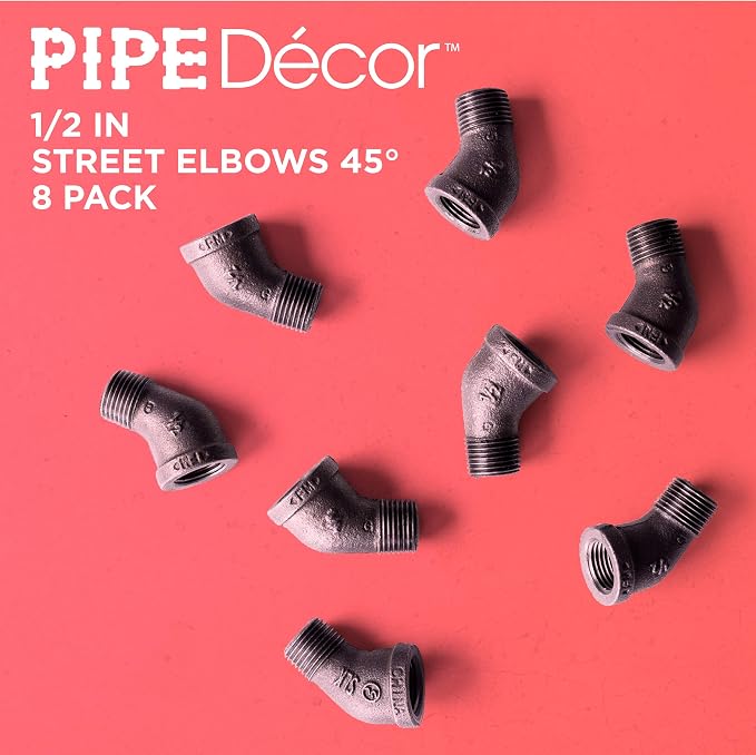 1/2" Street Elbow 45 Degree Fitting, PIPE DECOR Black Malleable Iron Fittings - Image 4