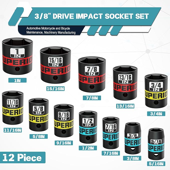 12 Piece 3/8" Drive Impact Socket Set, 5/16" - Image 2