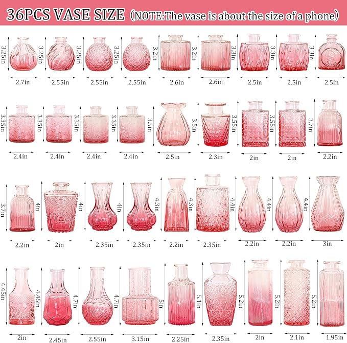 36Pcs Valentine's Day Bud Vases Set Small Vintage Glass Bottles Pink Bud Vases - Image 2