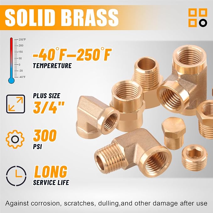 156PCS Brass Pipe Fittings Kit, 1/8" 1/4" 3/8" 1/2" 3/4" NPT | Brass Fitting - Image 3