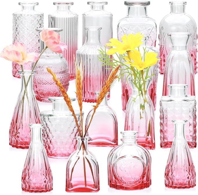 Glass Pink Bud Vase Set of 18, Small Glass Vintage Vases by Brajttt