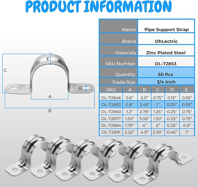 Heavy Duty Pipe Strap Zinc Plated Steel Conduit Clamps, 2 Hole Steel EMT Pipe - Image 2