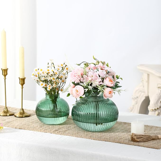 Green Glass Vases for Tulips, Flower Vases for Bouquet, Ribbed Glass Vase for - Image 5