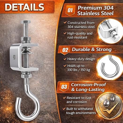 6 Pack C Clamp with J Hook, 1 Inch Heavy Duty Beam Clamp Hanger, 304 Stainless - Image 2