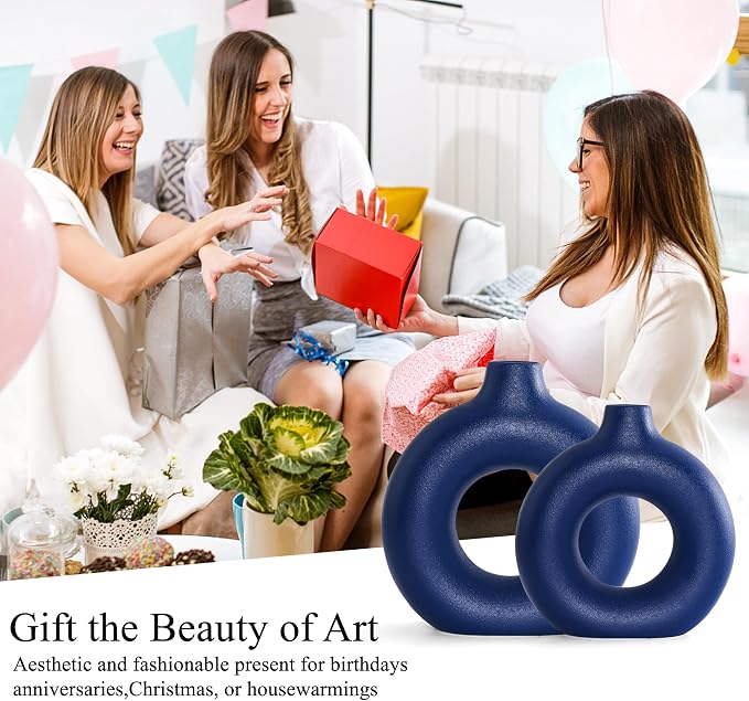 Blue Ceramic Donut Vase Set of 2, Hollow Round Matte Pampas Flower Vases - Image 7