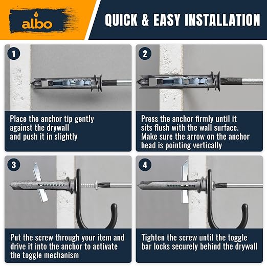 ALBO EZ Self-Drilling Drywall Toggle Anchors Kit – Heavy Duty Metal Anchors - Image 4