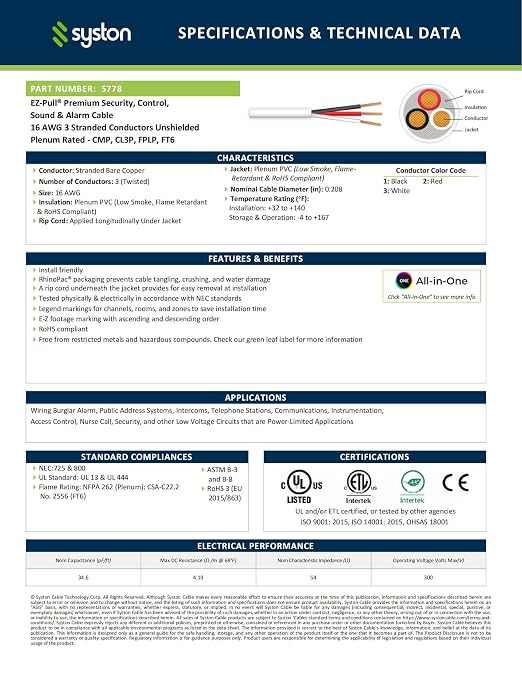 Syston 16/3 Fire Alarm Security Cable, Stranded Copper, Plenum-Rated CL3P - Image 3
