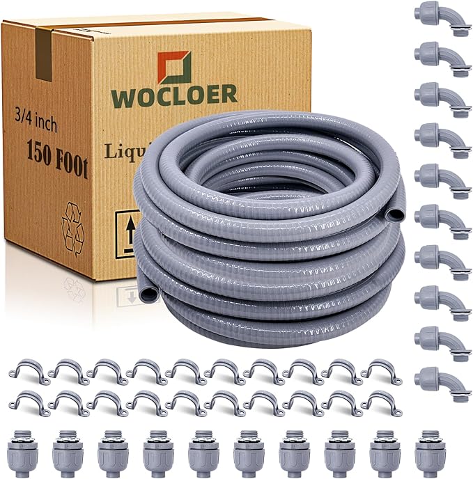 3/4 inch 150 Foot Liquid-Tight Conduit and Connector Kit, Flexible Non Metallic by Wocloer