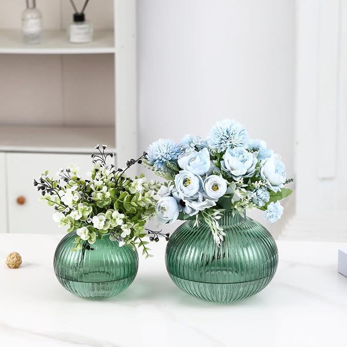 Green Glass Vases for Tulips, Flower Vases for Bouquet, Ribbed Glass Vase for - Image 6