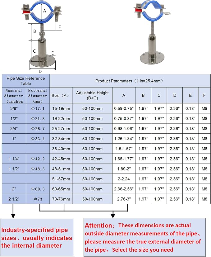 Wall Mount Ceiling Mount Pipe Supports, Adjustable Pipe Clamps Stainless Steel - Image 3