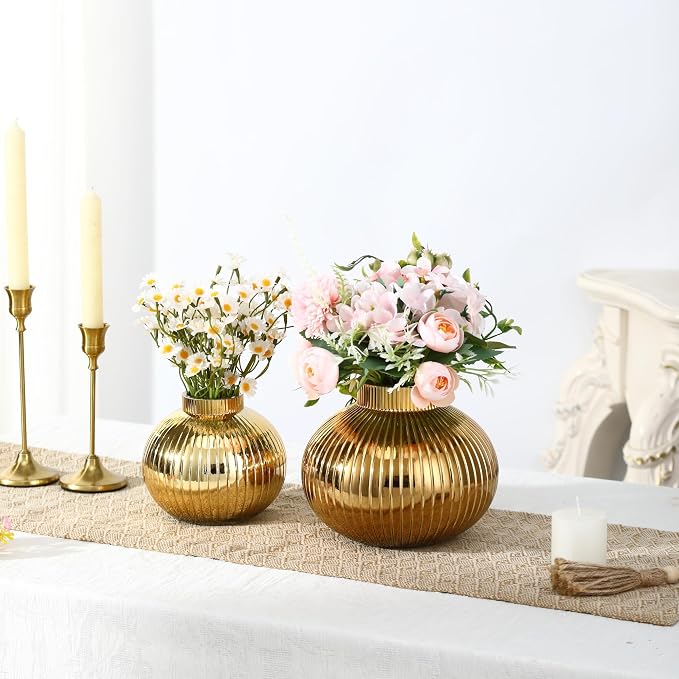 Gold Glass Vases for Tulips, Flower Vases for Bouquet, Ribbed Glass Vase for - Image 2