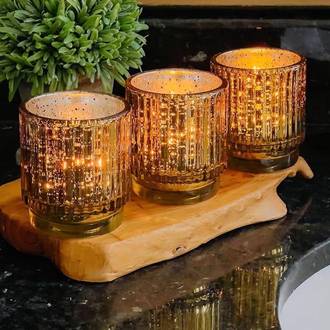 Kate Aspen Gold Votive Candle Holders-Vintage Ribbed Glass Candle Holder Set of - Image 7