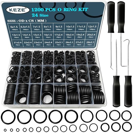 KEZE 1200 Pcs 24 Size Universal Rubber O-Ring Assortment Kit by KEZE