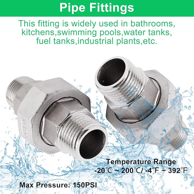 2Pcs Cast Pipe Fittings Union, 1/2" NPT Male x 1/2" NPT Male Thread 304 - Image 3