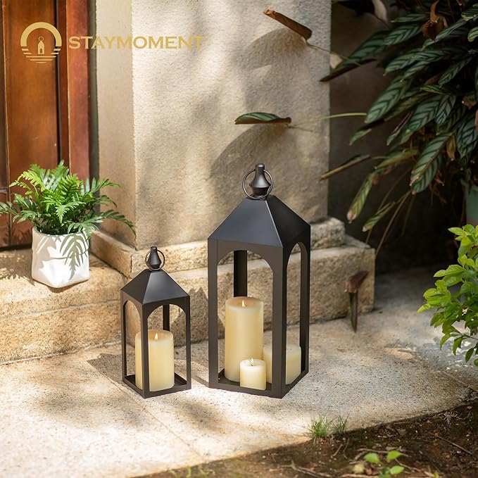 17" & 11" Black Metal Outdoor Floor Lantern, Front Porch Decor | Set of 2 - Image 7