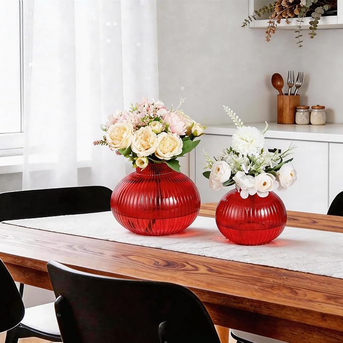 Red Glass Vases for Tulips, Flower Vases for Bouquet, Ribbed Glass Vase for - Image 6