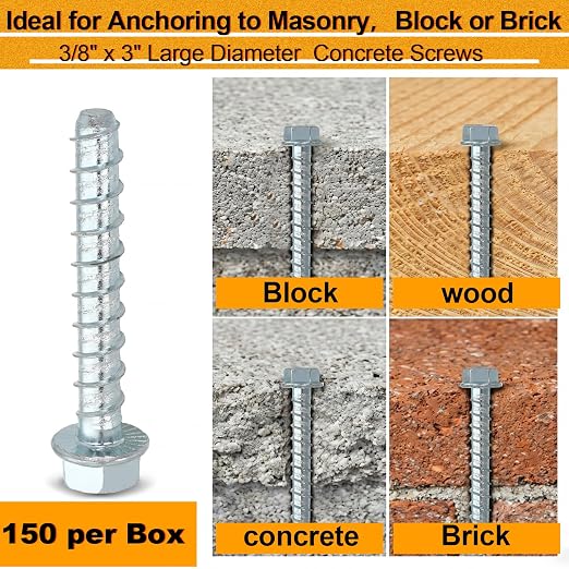 Hicarer 150 Pack 3/8 x 3 Inch Concrete Screws Galvanized Concrete Anchors | 3/8 - Image 4
