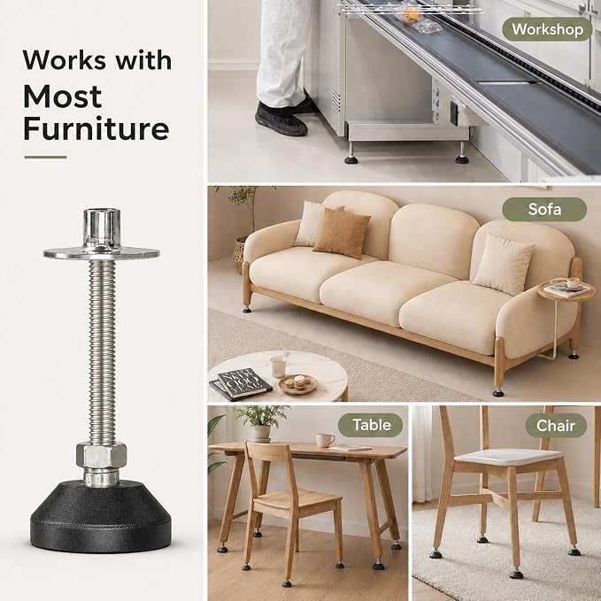 M8 x 1.25 Adjustable Leveling Feet, 4 Pack, 20° Swivel Base | Nylon furniture - Image 7