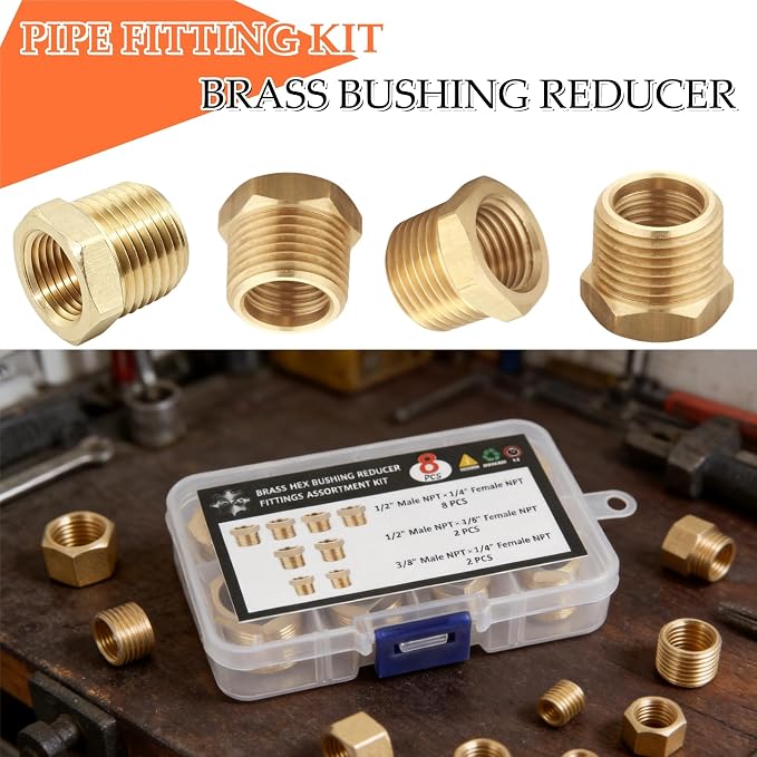Brass NPT Hex Bushing Reducer Set: 1/2"x1/4", 3/8"x1/4" Fitting | 8-pack - Image 3