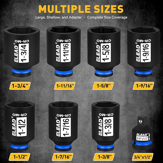 1/2'' Drive Deep Impact Socket Set, 8-Piece SAE Wheel Axle Nut Wrench Large - Image 2