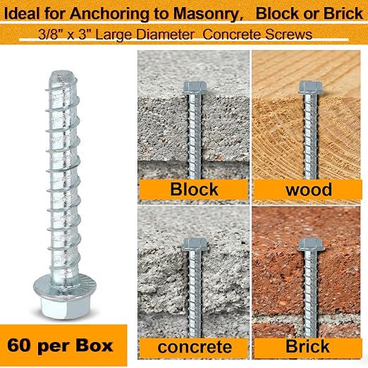 Hicarer 60 Pack 3/8 x 3 Inch Concrete Screws Galvanized - Image 5