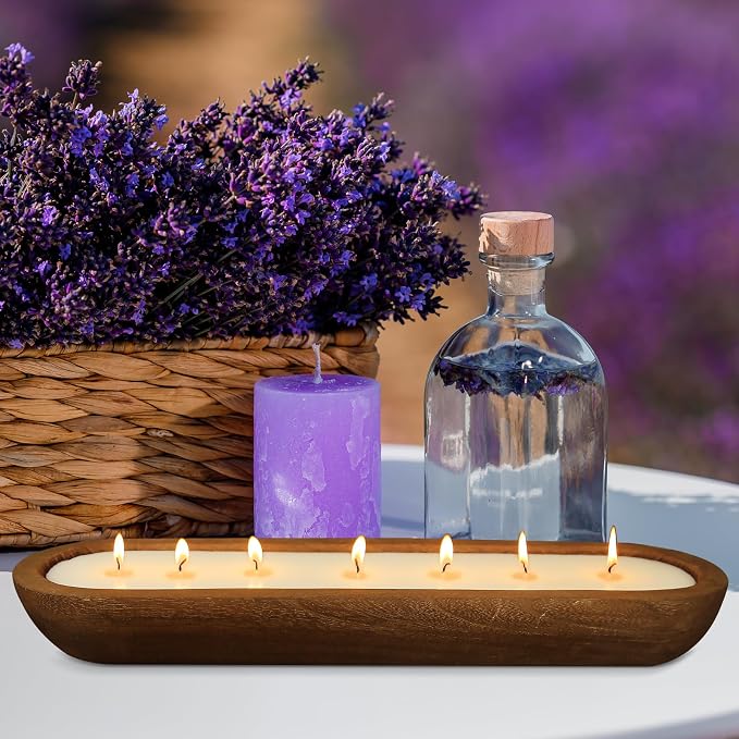 Aromatherapy Candle, SEVEYEE Lavender Candle 7wicks 20inch, Large Wooden Bowl - Image 3