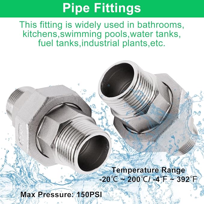 2Pcs Cast Pipe Fittings Union, 3/4" NPT Male x 3/4" NPT Male Thread 304 - Image 3