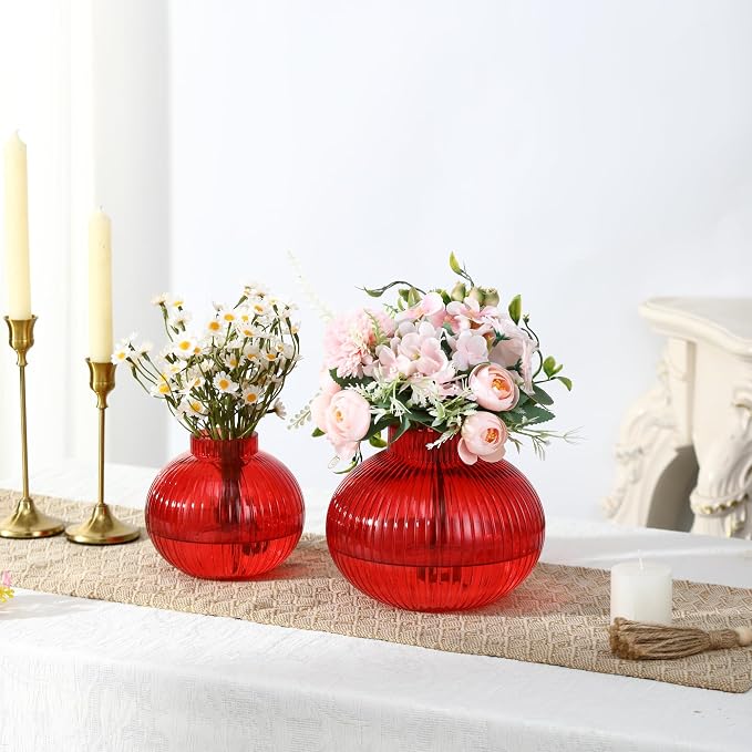 Red Glass Vases for Tulips, Flower Vases for Bouquet, Ribbed Glass Vase for - Image 2