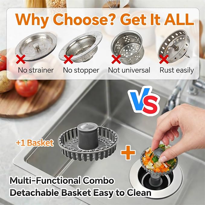 Kitchen Sink Stopper, 3 in 1 Pop Up Kitchen Sink Drain Strainer, - Image 3
