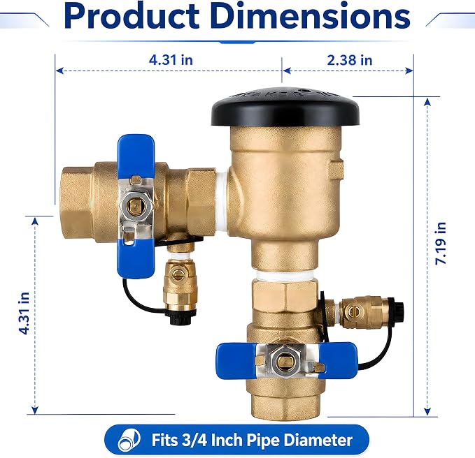 3/4 Inch Backflow Preventer, Pressure Vacuum Breaker Assembly, Heavy Duty Brass - Image 2
