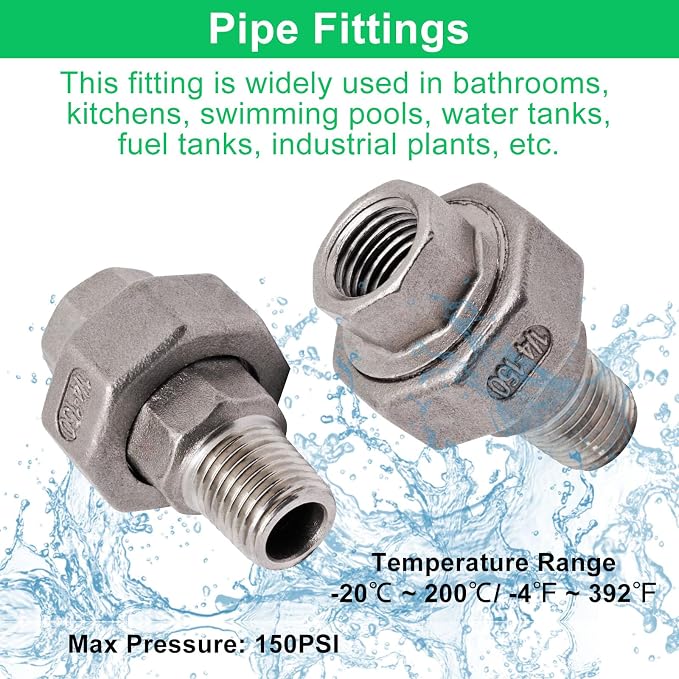 2Pcs Cast Pipe Fittings Union, 1/4" NPT Female x 1/4" NPT Male Thread 304 - Image 4
